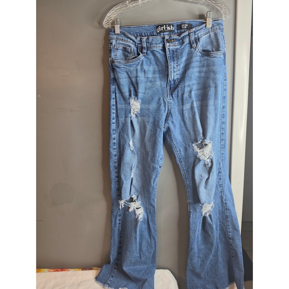 Girl-ish Los Angeles High Rise Flare Distressed Ripped Jeans Medium Wash 13/31